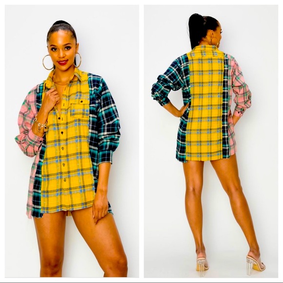 Tops - LONG SLEEVE OVERSIZE MULTI PLAID BUTTON DOWN SHIRT